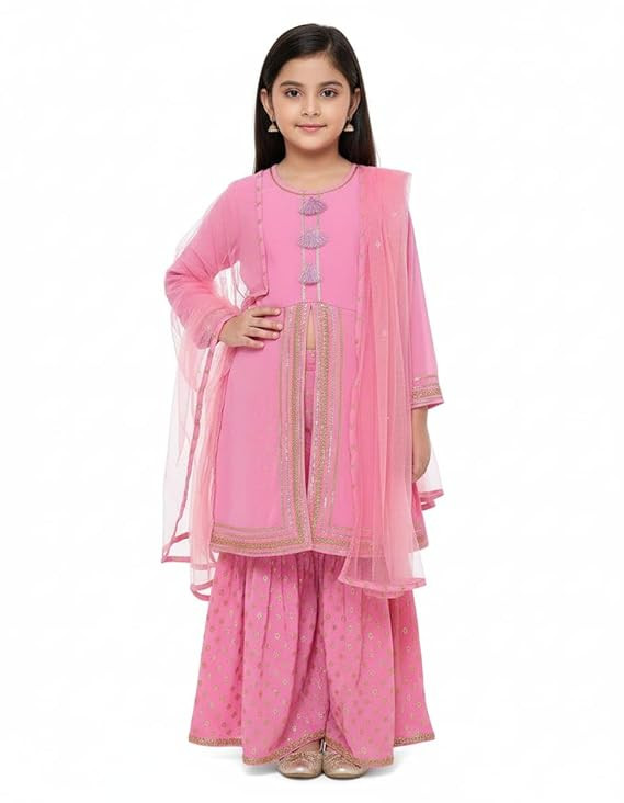 Cheekie Yellow Girls Sharara Kurta Set | Georgette Sleeves | Ethnic Wear for Girls | Foil Printed Sharara Suit | Stylish Kids Kurta for Special Occasions