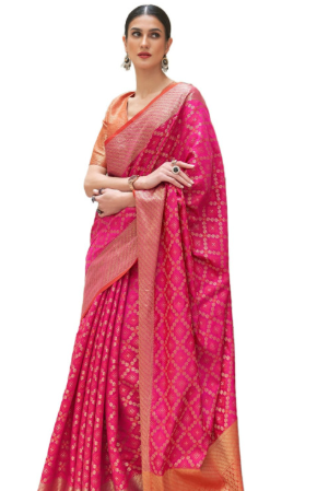 SWORNOF Women's Patola Silk Saree With Unstitched Boluse Piece (PINK)