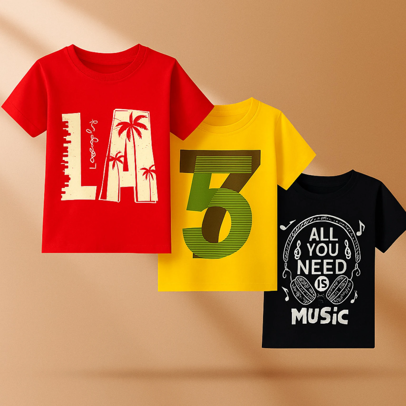 Boys Printed Pure Cotton Regular T Shirt (Multicolor, Pack of 3)