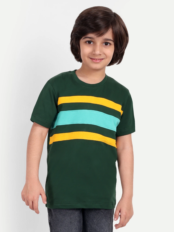 Boys Striped Pure Cotton Regular T Shirt (Green, Pack of 1)