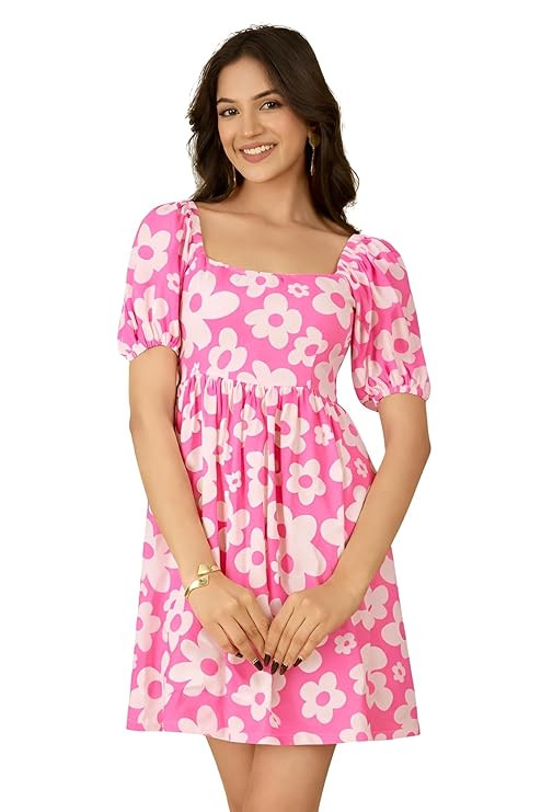 Women Polyester Floral Printed A-Line Midi Dress | Summer Casual Dress | Lightweight Daily & Office Wear