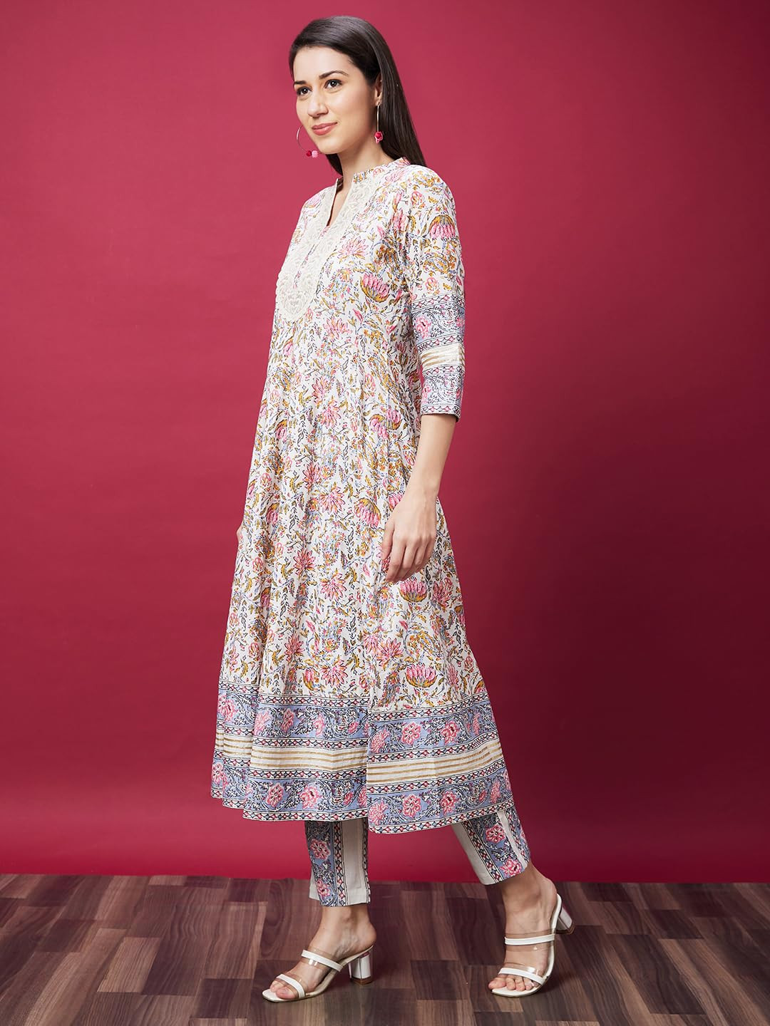 Women Off White Cotton Casual Floral Printed Anarkali Kurta Set with Printed Trouser