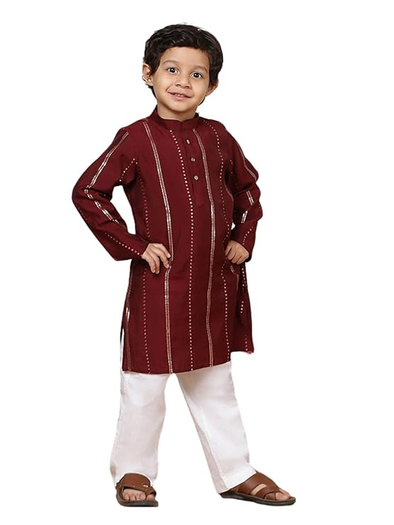 TANAN Boy's Sequinned Embroidered Rayon Band Collar Side Slit Straight Kurta with Pyjama