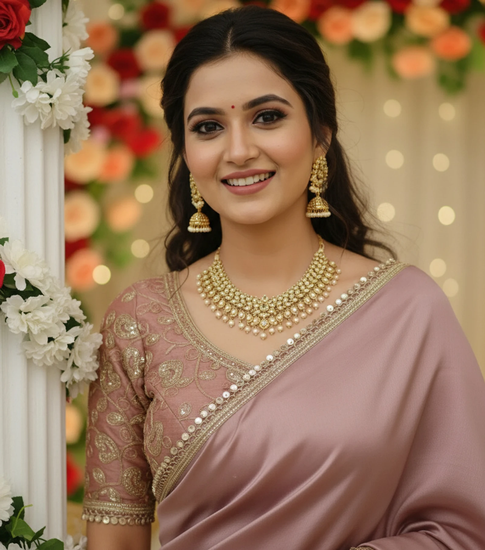 PD CLOTH VILLA Embroidered Bollywood Satin, Silk Blend Saree (Beige)