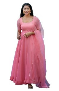 Elegant Women's Pink Anarkali Kurta Dupatta Set - Long Solid Georgette Kurta with Matching Dupatta
