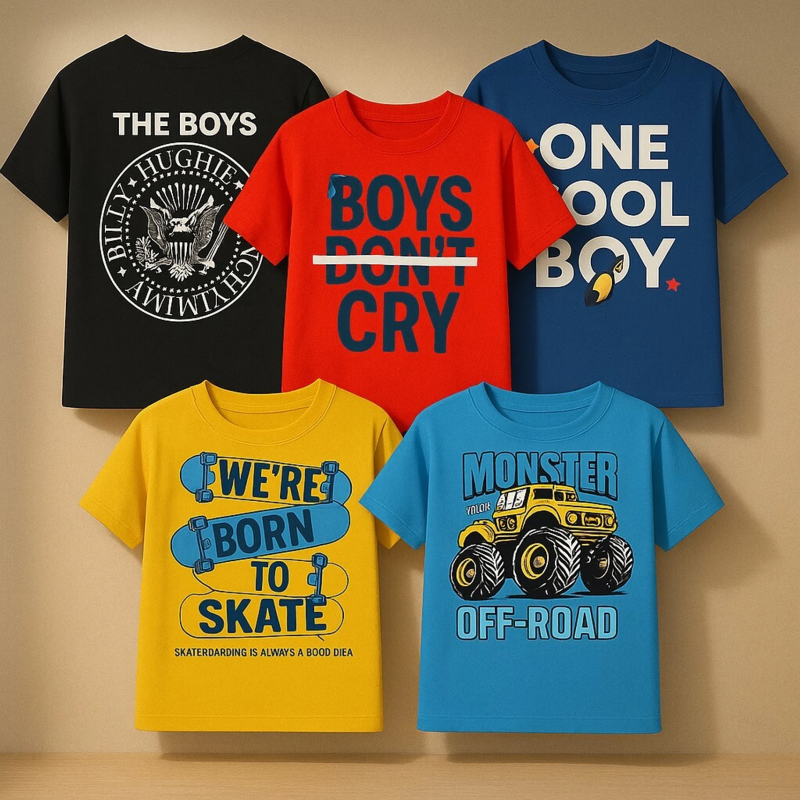 Boys Printed Pure Cotton Regular T Shirt (Multicolor, Pack of 5)