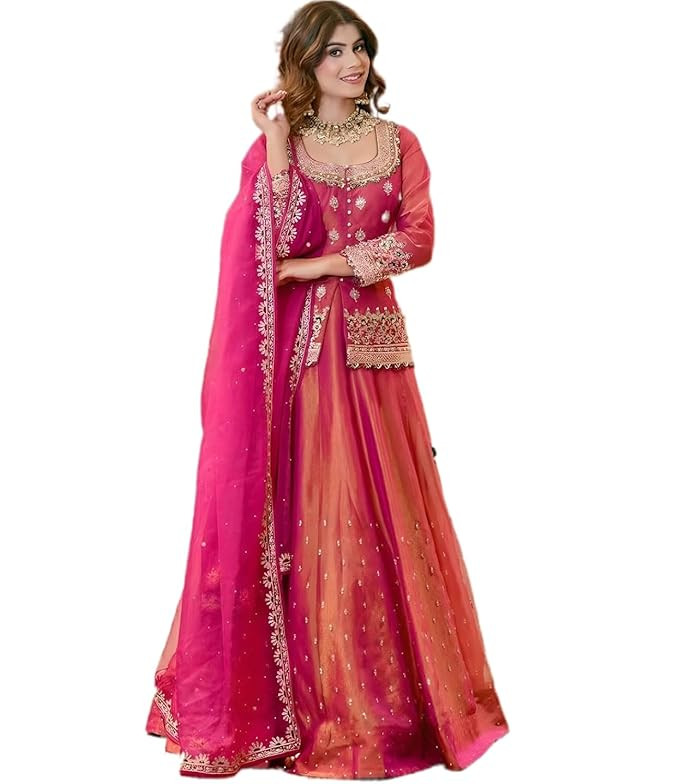 Suppar Sleave Women’s Chanderi Silk Embroidered Kurta Set with Lehenga Style Bottom & Dupatta | Bollywood Style Embroidery lehenga Choli Set For Woman