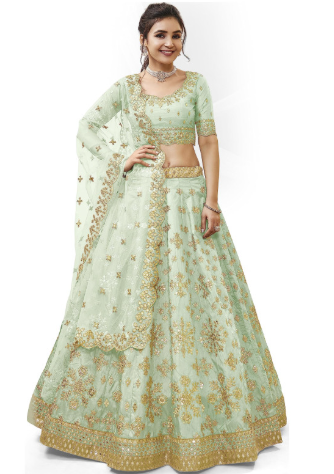 Women's Sequins Zari Embroidered Georgette Semi-stitched Lehenga Choli with Dupatta -Pista-Free Size