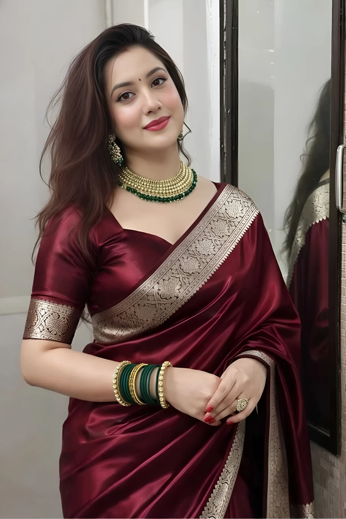 The Drapvy Store Floral Print, Embellished, Checkered, Woven, Self Design Banarasi Dupion Silk Saree (Maroon)