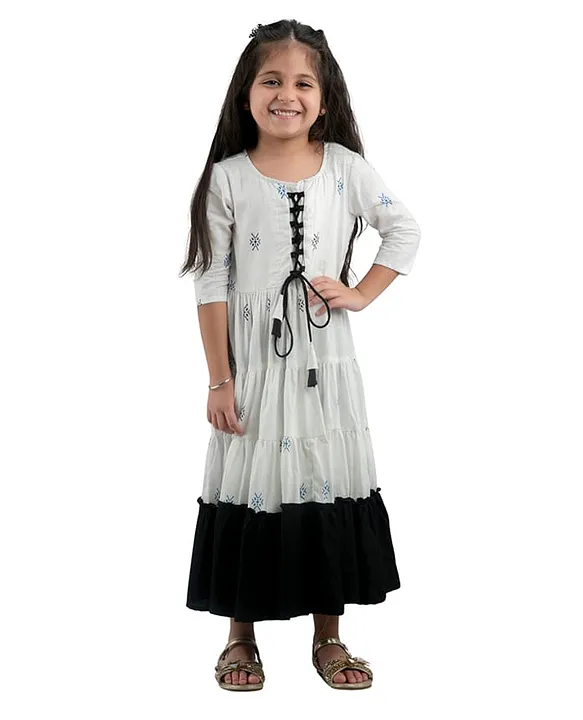 Rayon Woven Three Fourth Sleeves Abstract Printed Tiered Anarkali Kurti - White